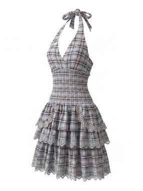 Halter Smocked Plaid Tiered Mini Dress - Gray